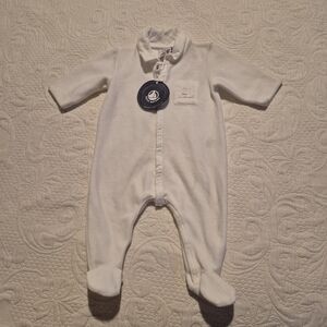 Petit Bateau boys 3 months cover all with feet white footie velour NWT **marks**